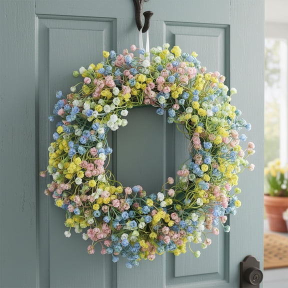 12" Artificial Pastel Wildflower Wreath, Multicolor Baby's Breath & Eucalyptus Floral Door Decor, Spring and Summer Faux Flower Wreath for Front Door, Porch, and Farmhouse Wall Hanging by JEWLALO