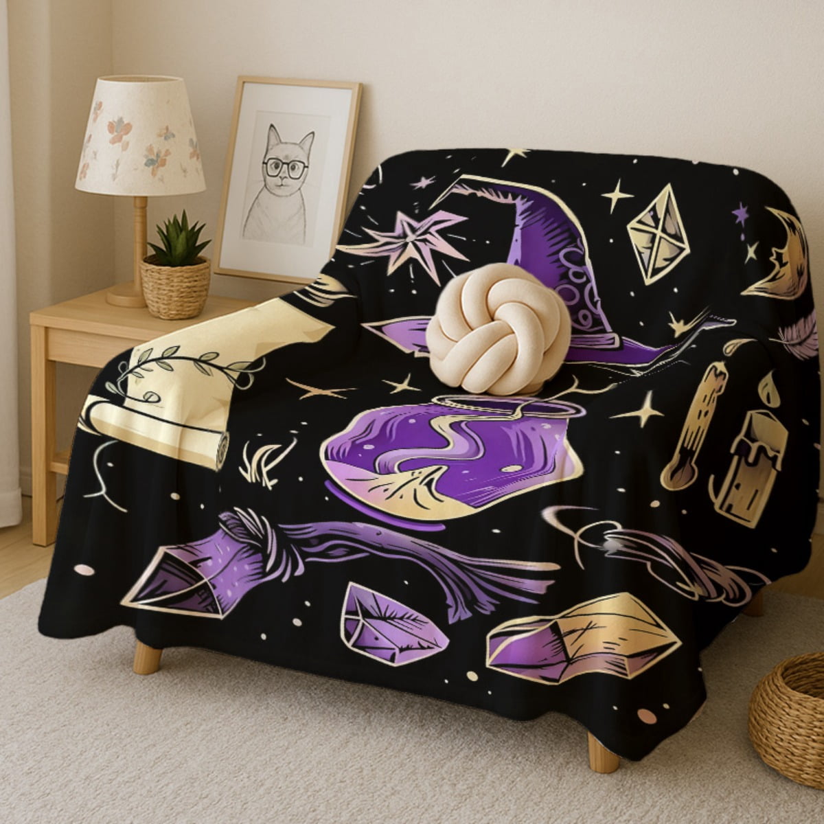 Halloween Witch Theme Blanket - Plush Fleece Purple & Black Magic Throw with Witches, Bats, Cauldrons & Design - Soft Cozy Bedspread for Couch, Bed, Parties - Lightweight Warm All-Season Decor (280gs