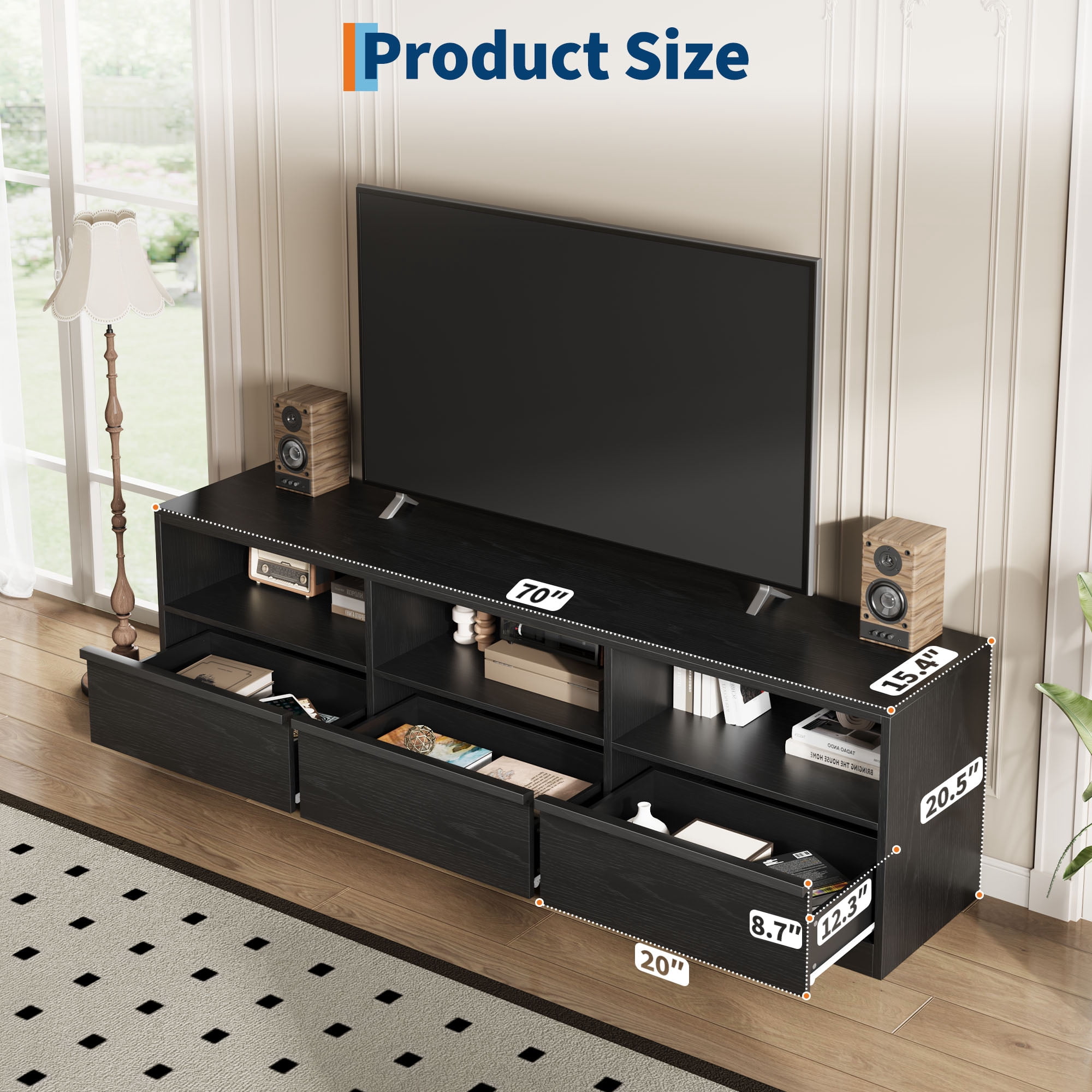 Mid Century Modern TV Stand for 65 70 75 Inch TVs, Industrial Entertainment Center with 3 Drawers & Open Shelves, Sturdy MDF for Living Room & Bedroom