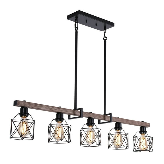 27.6" Height Adjustable 5-Light Pendant Light, Industrial Metal Faux Wood Chandelier for Kitchen Island, Dining Room, Black