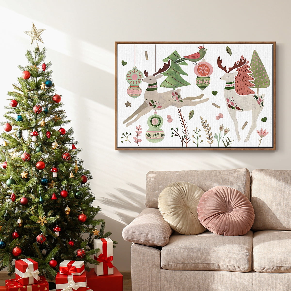 Reindeer Wishes Collection A - Framed Gallery Wrapped Holiday Canvas - 27 x 41 - Rosewood Frame