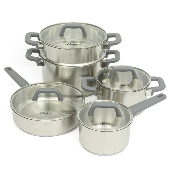 Oster Beauford 9 Piece Stainless Steel Non-Toxic Pots and Pans Cookware Set W/ Tri-Ply Encapsulated Bottom & Soft Touch Handles