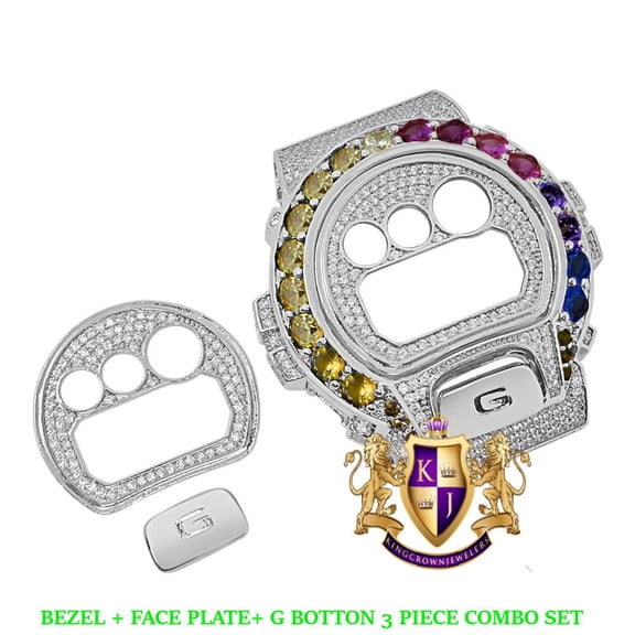 Solitaire Rainbow Multi White Gold Tone G Shock DW-6900 Simulated Diamond Watch Custom Cover Case Face Plate   Bezel   G Button 3 Piece Set