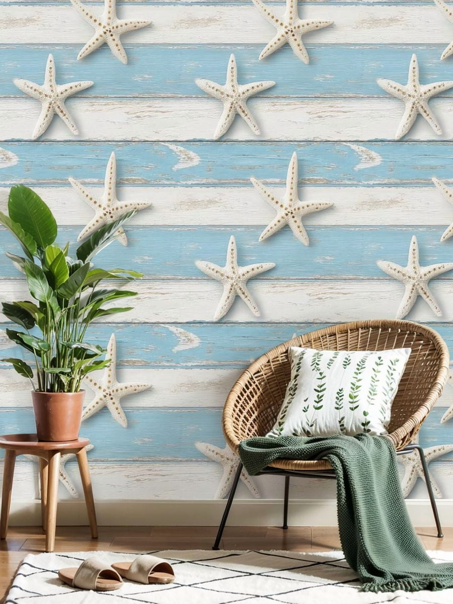 Coastal Peel and Stick Wallpaper Starfish Wooden Blue White Beach Style Contact Paper 17.7in x 9.8ft Wallpaper Removable Self Adhesive Wall Paper for Bedroom