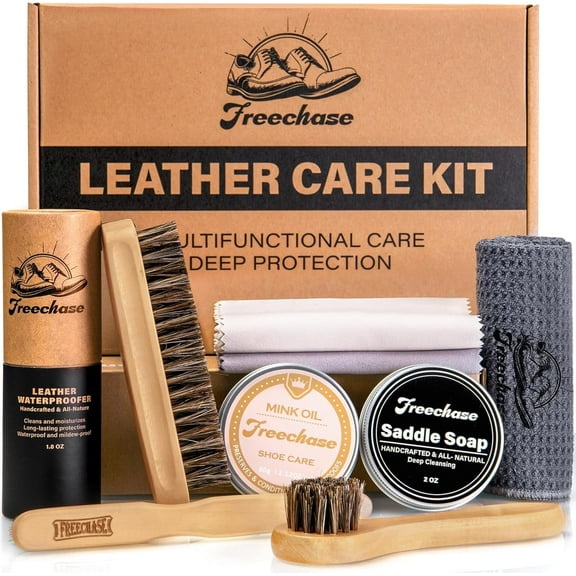 Leather Boot Care Kit - 9 PCS Saddle Soap, Mink Oil, Waterproofing Wax, Shoe Brushes, and More for Leather Boot care and Cleaning, Leather conditioner Gift for Men Women