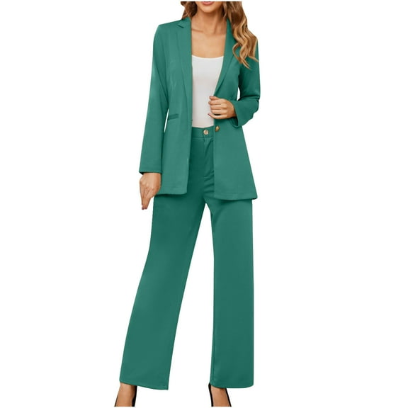 Women's 2 Piece Business Suit Pant Set Slim Fitted One Button Blazer Jacket and Straight Leg Pants Set Lady Work Suit for Office Green l