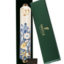 Matashi Hand Painted 5" Blue and Ivory Enamel Flower Mezuzah Embellished with Gold Accents and fine Crystals