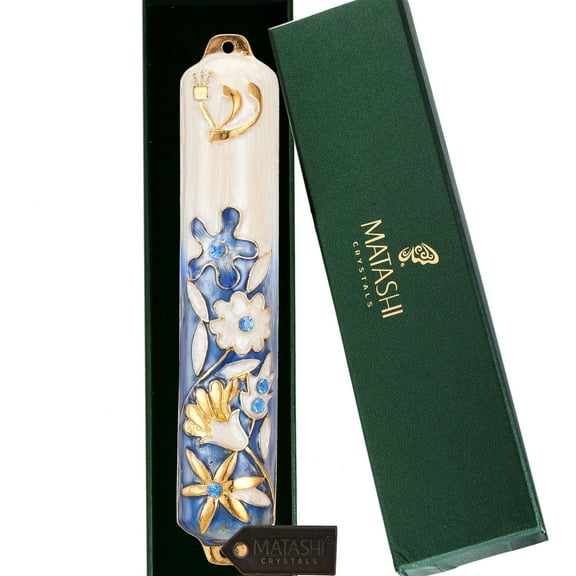 Matashi Hand Painted 5" Blue and Ivory Enamel Flower Mezuzah Embellished with Gold Accents and fine Crystals
