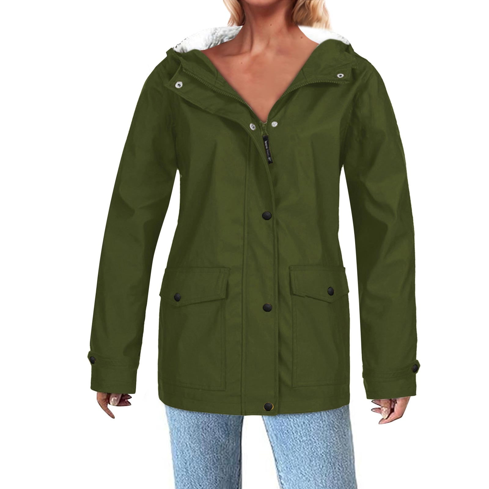 FAVIPT Fleece Lined Raincoat Fleece Lined Raincoat for Women Waterproof with Hood Plus Size Solid Color Lightweight Outdoor Windbreaker Jacket Outerwear Army Green,L