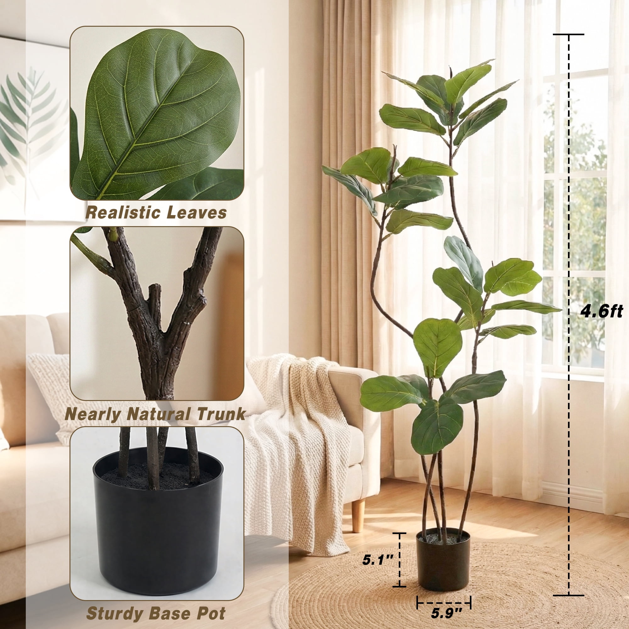 Verdelure 5.3FT Artificial Plant Fake Ficus Tree Potted Indoor Faux Floor Plant for Home Office Decor
