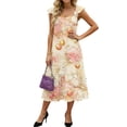 thumbnail image 2 of LWavelet Women's Square Neck Ruffle Strap Bunny & Easter Egg Print Tiered Midi Dress for Easter & Casual Wear Beige M, 2 of 5