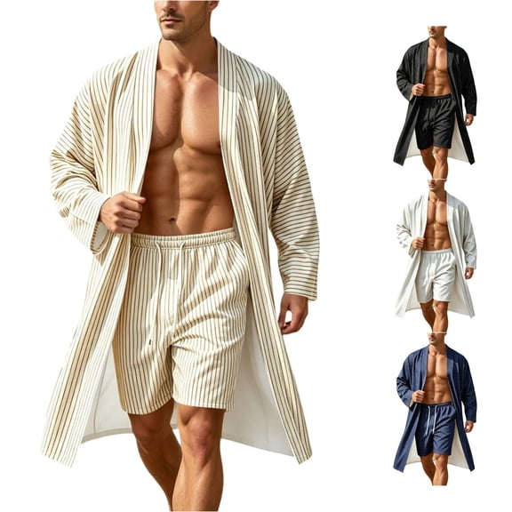XIAOCHA Men Stripe Print Robe Set Open Front Long Sleeve Bath Robe Short Sleep Bottoms