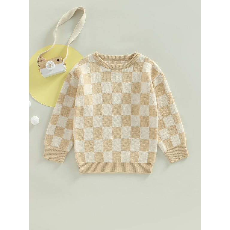 Coduop Kids Baby Boys Girls Fall Winter Sweaters Long Sleeve Crew Neck  Checkerboard Print Knit Tops 