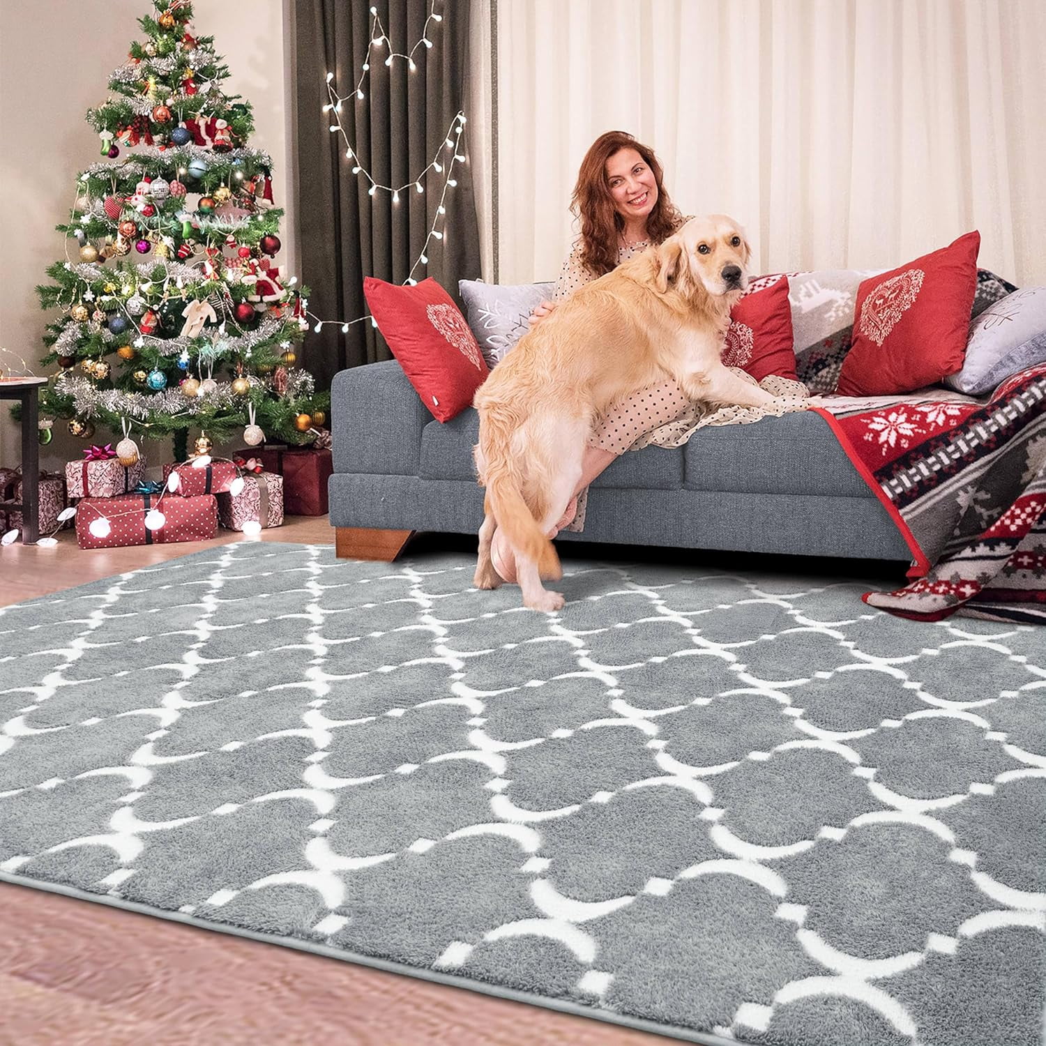 TWINNIS 7'x10' Area Rug Geometric Non Slip Fluffy Carpet,Soft Plush Polyester Rug for Living Room Bedroom,Gray White