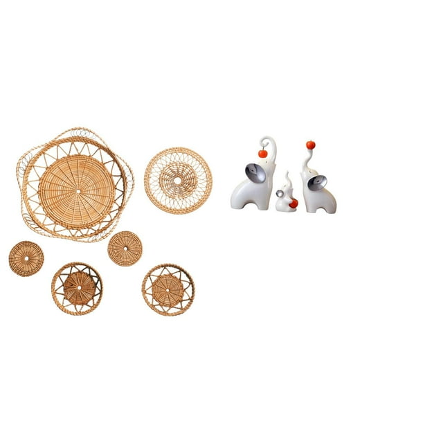 Arte de pared tejido de ratán y figuras de familia de elefantes, adornos decorativos para salón de té, pasillo, dormitorio, porche, cafetería, sala de