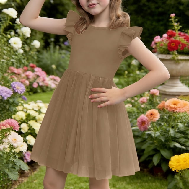 Vestido de princesa con volantes, cuello redondo y manga corta para niña, primavera y verano
