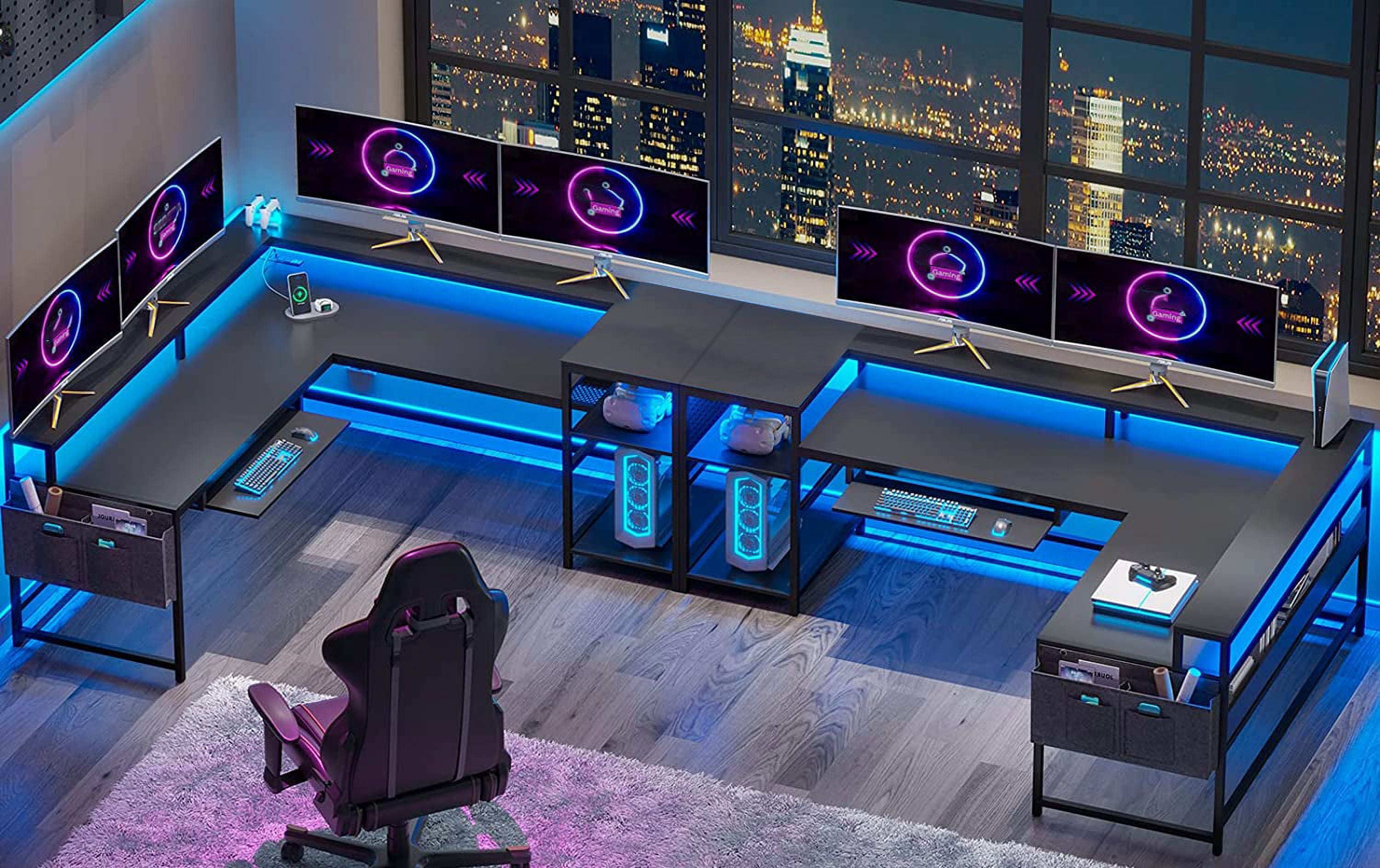 L-Shaped Computer Desk with LED Lights&Power Outlets Reversible Gaming Desk with Storage Shelves&Pegboard&Keyboard Tray for Office/Home, Black