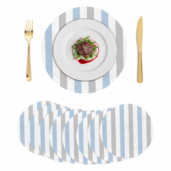 Light Blue Grey Stripe Round 15 Inch Placemats Set of 8, Modern Farmhouse Vertical Striped HeatResistant Non Slip Place Mats for Dining Table, Wipeable Braided Kitchen Table Mats for Housewarming