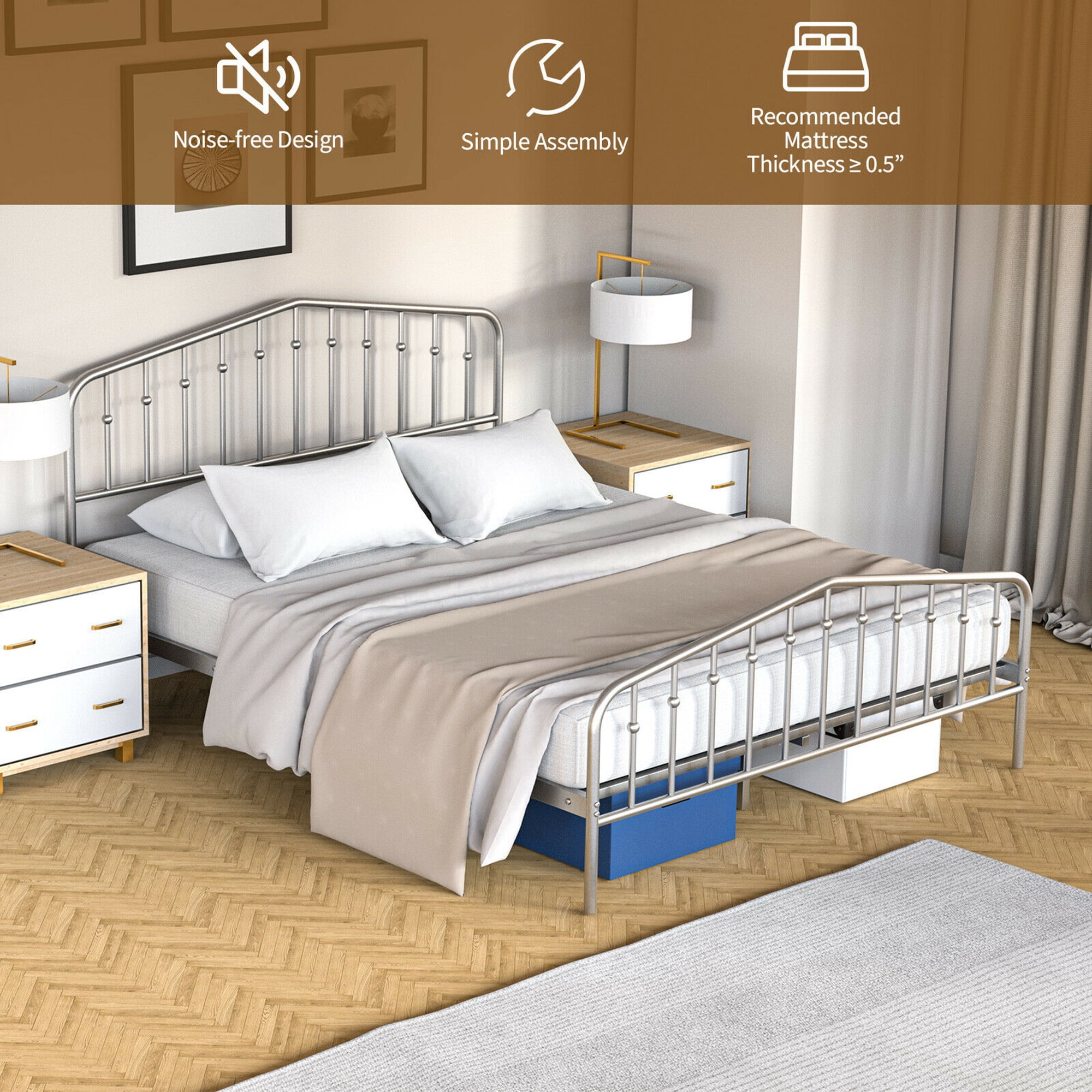Gymax Queen Size Metal Bed Frame Platform Headboard & Footboard W/Storage Sliver