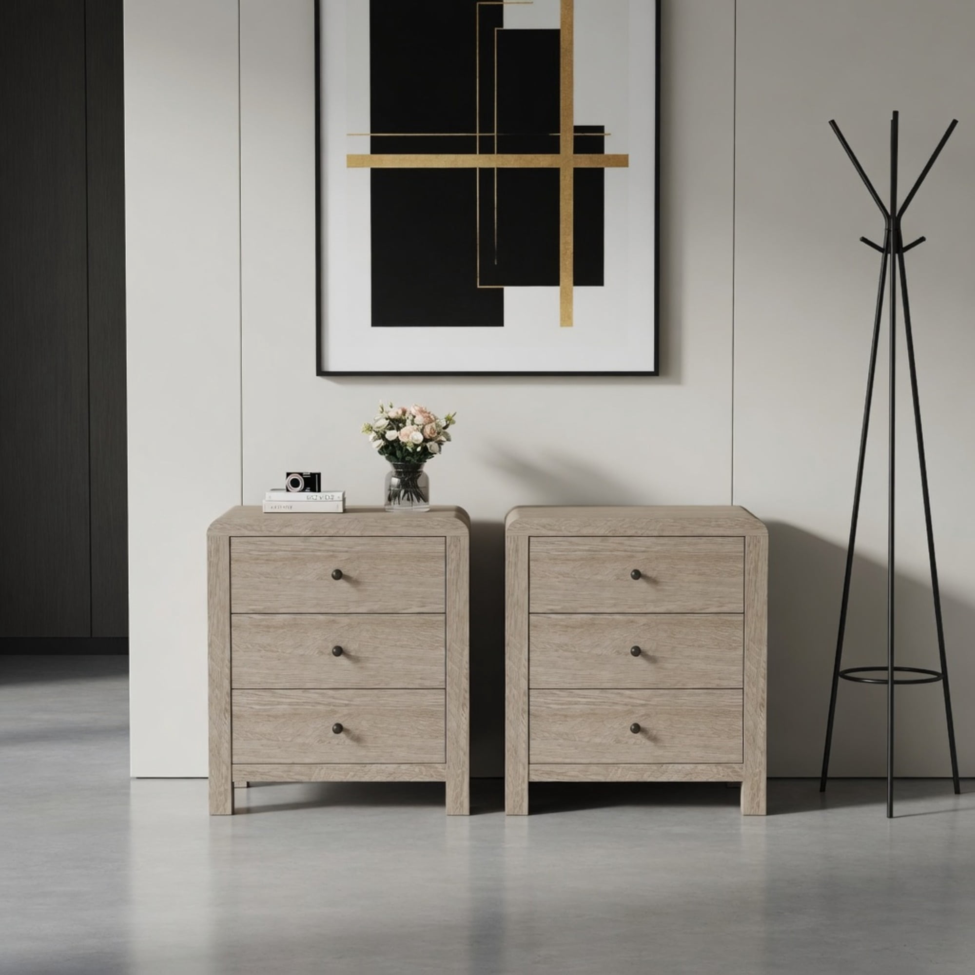 23.6" Width Natural Wood 3 Drawer Chest of Drawers - Modern Rounded Corner Design