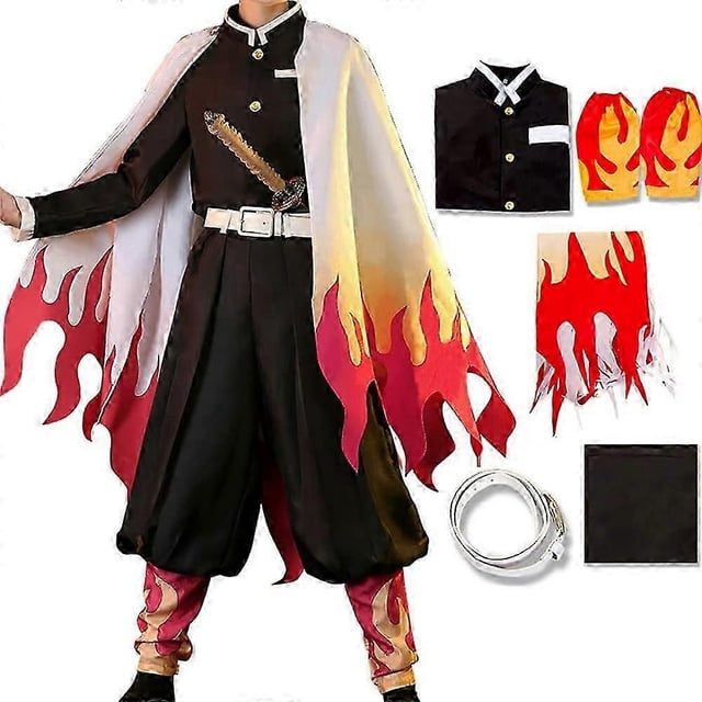 Anime Demon Slayer Rengoku Kyoujurou Cosplay Costume Kimono Cloak Outfits Halloween Party Wig/costume Set