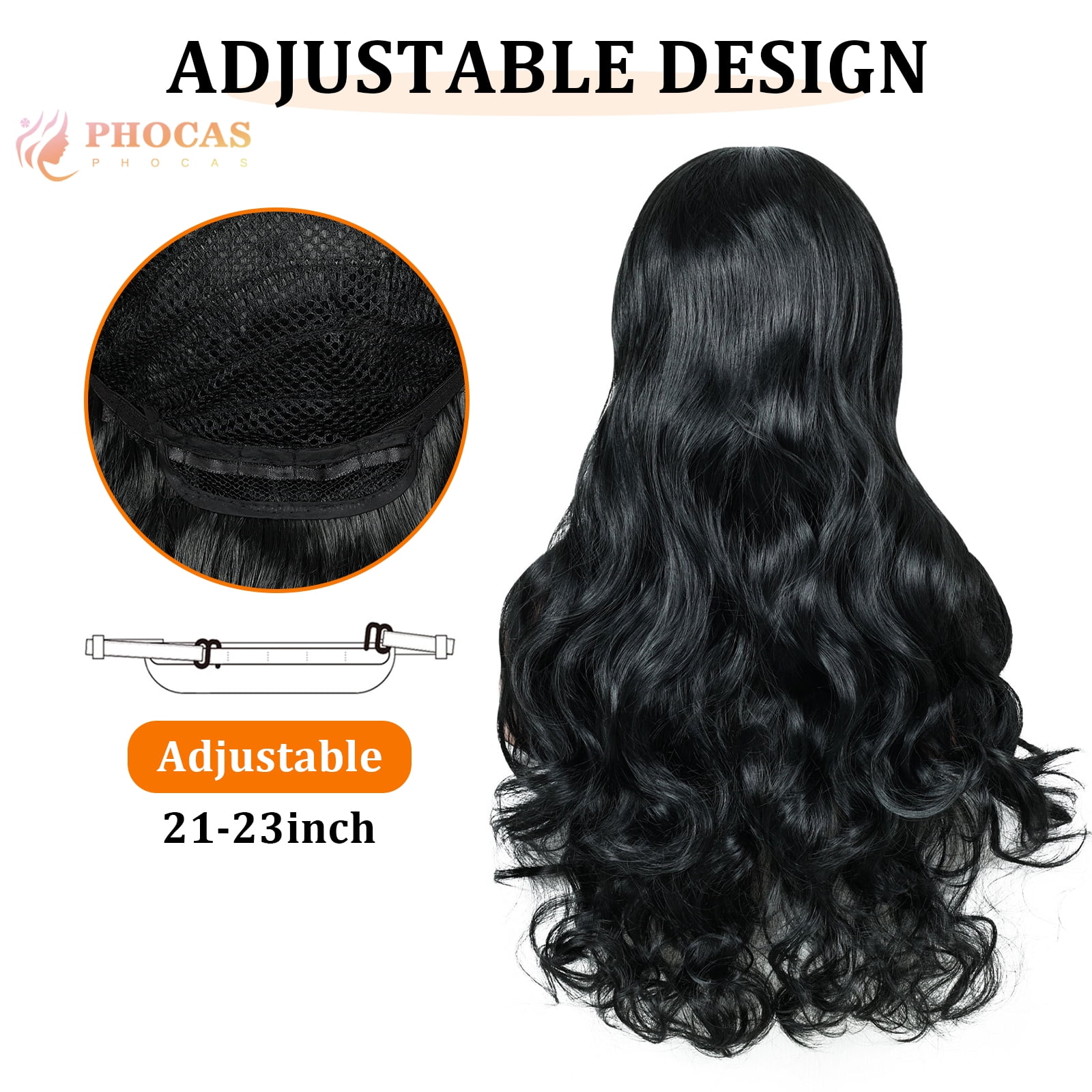 Phocas 24" Long Deep Wave Wig No Bangs Black - Glueless Synthetic Wavy Wig for Women with Natural Hairline - Heat Resistant Daily Wear