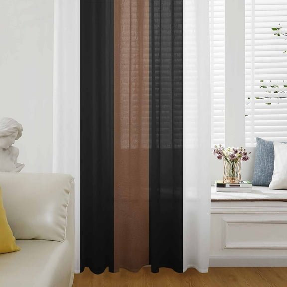 Brown Black White Semi Sheer Curtains Drapes for Living Room, Bedroom, French Doors Window 84 Inches Long, Contemporary Boho Modern Art Rod Pocket Chiffon Curtain Drapery Voile Draperies Panel