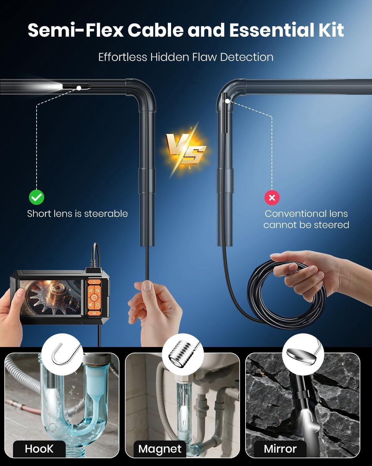 Endoscope Camera with 8 LED Lights, 4.3" IPS Screen 1080P HD Borescope, 5M Semi-Rigid Cable Bore Scope - Gadgets & Tools for Men