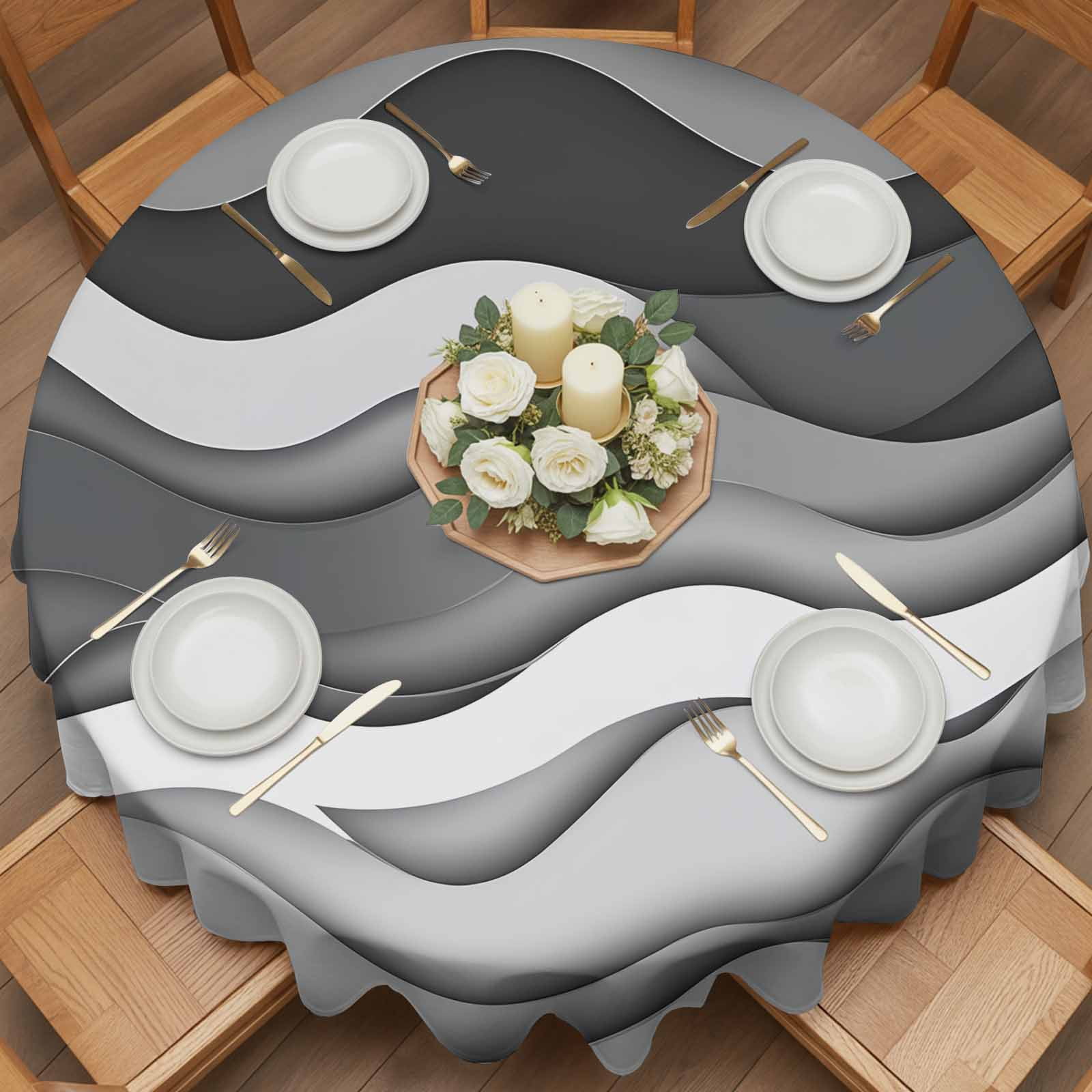 Round Tablecloth Gradient Grey White Beach Waterproof Oil Proof Polyester Table Cloth Cover Decor for Home Dining Outdoor,Patio,Parties, 54" Dia. Abstract Coastal Ocean Wave