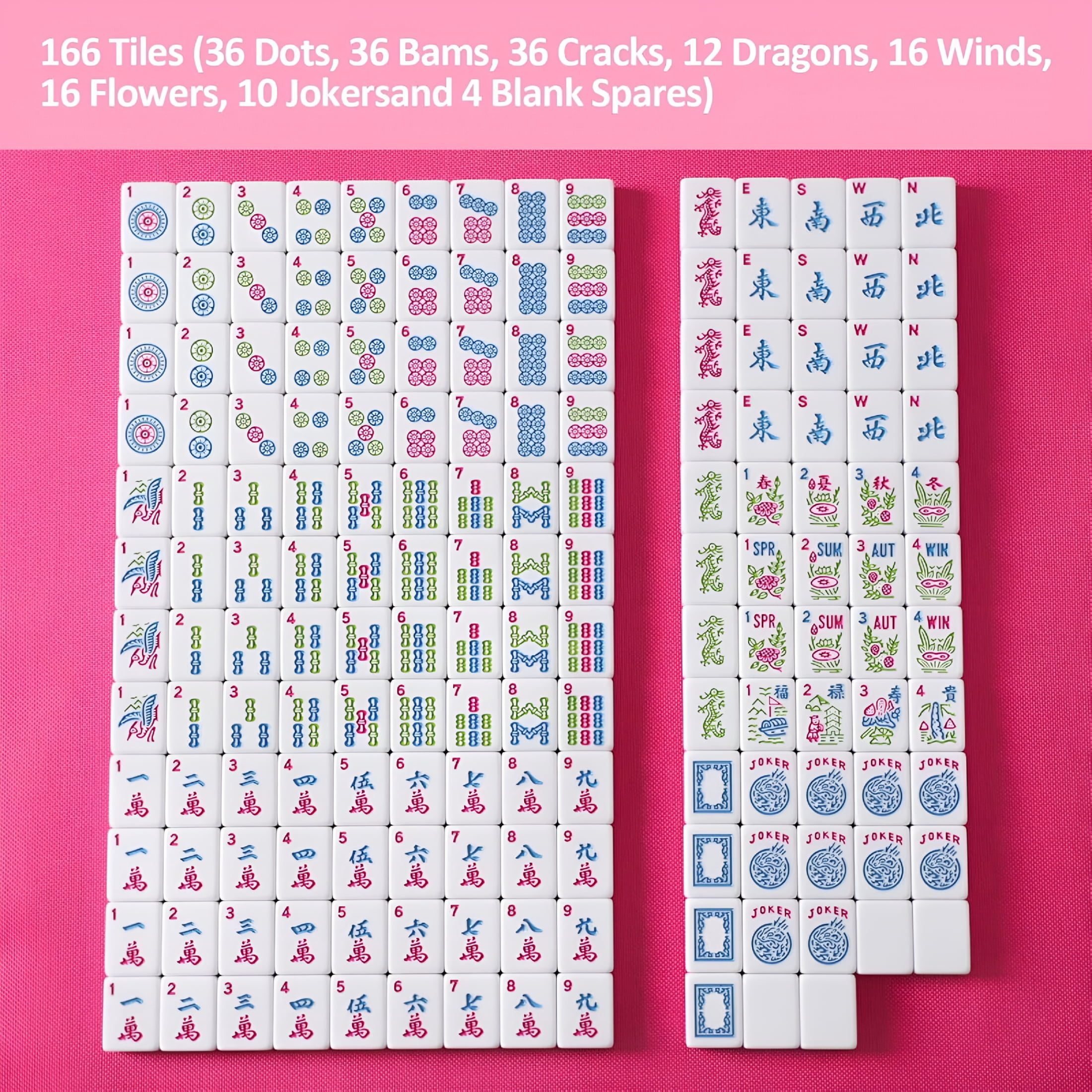 CYFW 1.2” American Mahjong Tile Set, 166 Mahjong Game Set with Pink Color (Tiles Only, No Racks and Other Accessories)