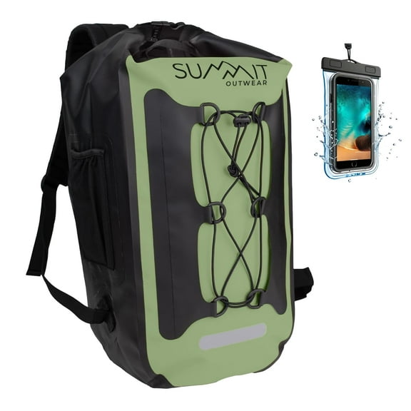Summit Outwear Waterproof Backpack, Dry Bag Backpack  with Roll Top Closure, Cushioned Back Panel, Large Dry Sack With Water Bottle Pocket 25 Liters (Green)