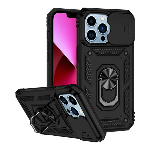 For iPhone 14 - Black Armoured Case With Ring Holder Stand Camera Shutter