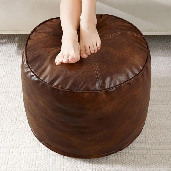 Round Stuffed Pouf Ottoman, Pu Leather Poufs with Foam Chunk Filling, Furry and Fluffy Pouf Foot Stool Storage Ottoman, 20 X 15 Floor Poufs Foot Rest for Living Room,Dark Brown