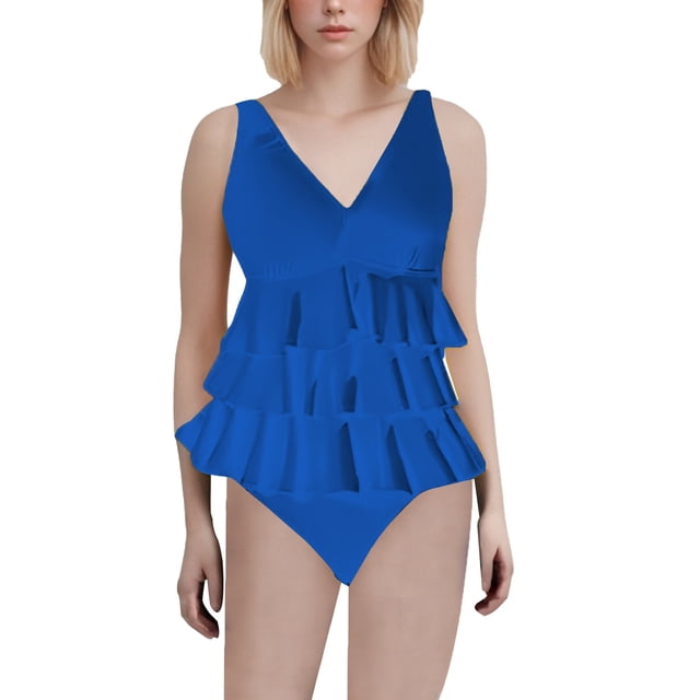 Duoif Maillot de Bain une Pièce pour Femmes, Maillot de Bain à Volants, Robe de Bain Rétro Couvrante, Maillots de Bain Contrôle du Ventre pour Femmes Bleu P