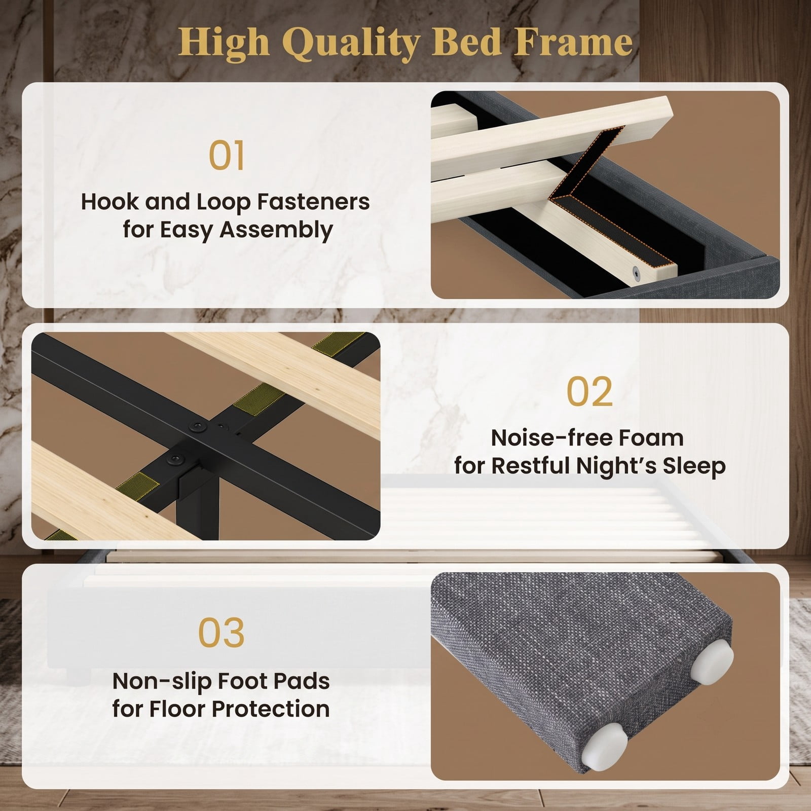 Furnibear Queen Bed Frame, Upholstered Platform Bed Frame with Adjustable Channel Headboard, Queen Bed Frame with Headboard, Modern Gray
