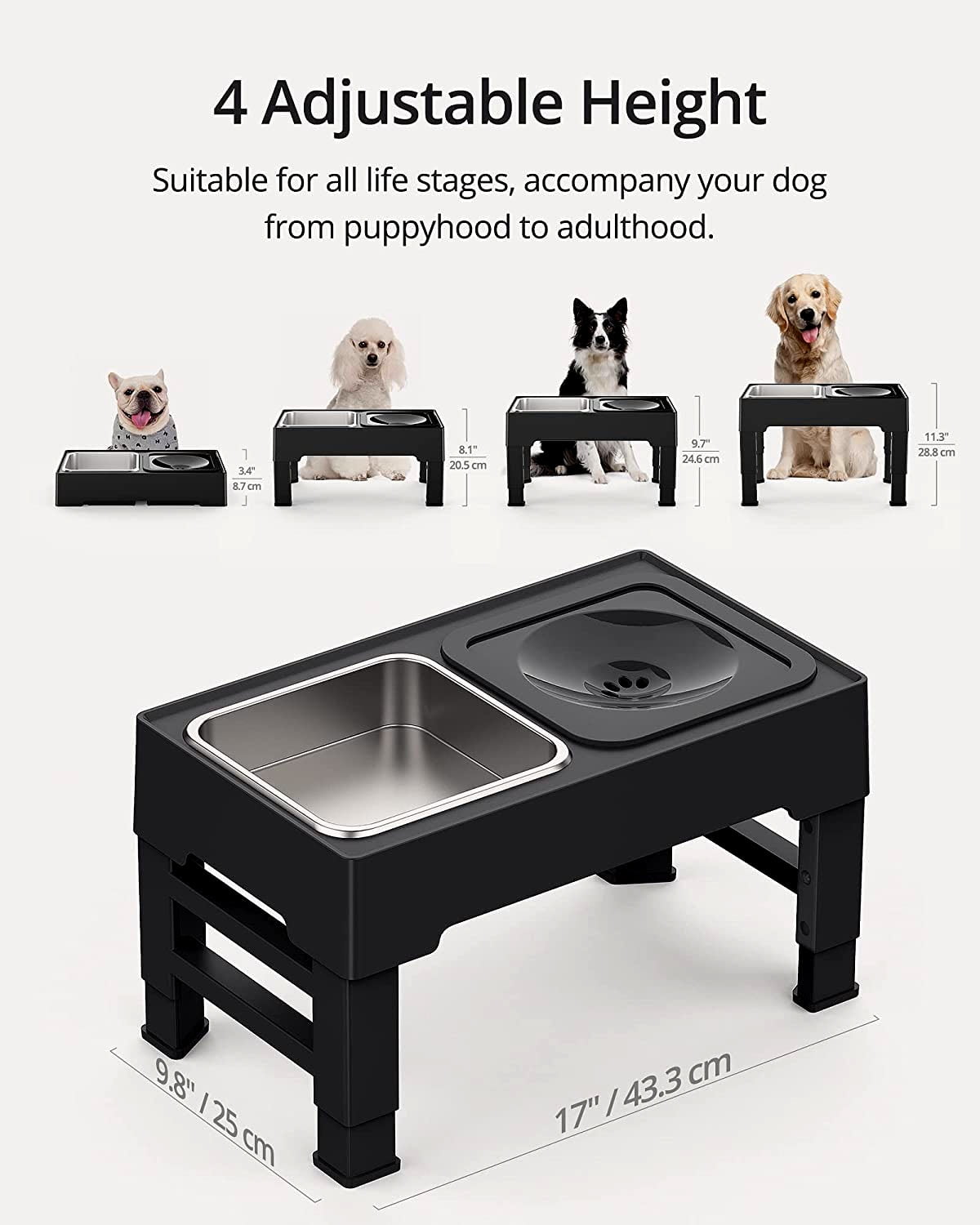 PROERR Single Dog Bowl Stand,Tall Dog Food Stand Adjustable Wide 7-11  Heights 14.5,Metal Elevated Dog Bowl Holder Raised Water Feeder for
