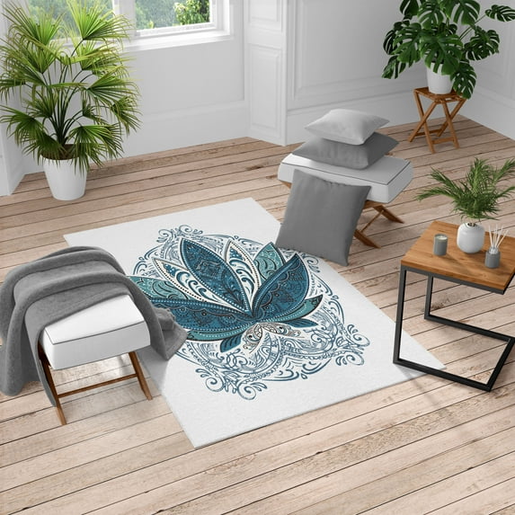 Lotus Turkish Area Rug, Flower Bloom Ornaments Exotic Petals Oriental Traditional Boho Design, Soft Carpet for Living Room Decor with Distressed Look, 4' X 5.7', Cadet Blue, by Ambesonne