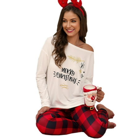 

Women Xmas Letter Print Off Shoulder Christmas Party Plaid Check Nightwear Pyjamas Loungewear Homewear Suit PJS