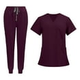 thumbnail image 3 of Conjunto de uniformes de enfermería, ropa de trabajo, pantalones de enfermera, Top exfoliante con cuello en V, trajes de trabajo de enfermería, Rojo oscuro Yinane  Uniforme de enfermera, 3 of 8