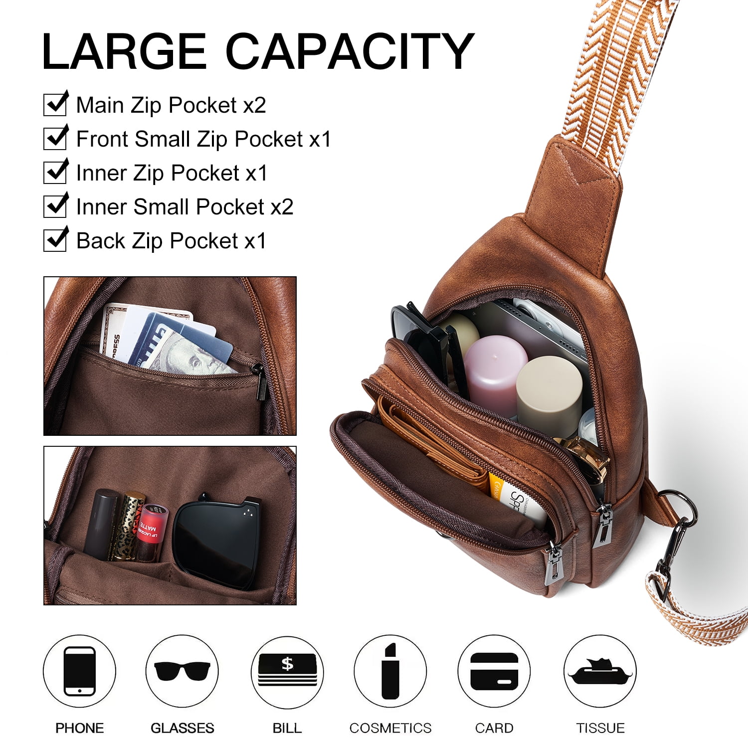 7L Crossbody Sling Bag, Anti-Theft Travel Chest & Belt Bag for Women and Men, Faux Leather