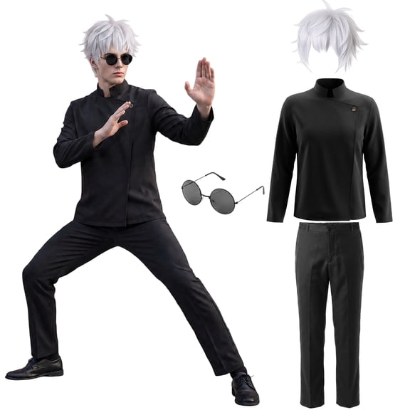 Forfamy Men Halloween Costume Adult Anime Cosplay Costume Outfit with Glasses White Wig Set, High School Cosplay Costume Uniform Men