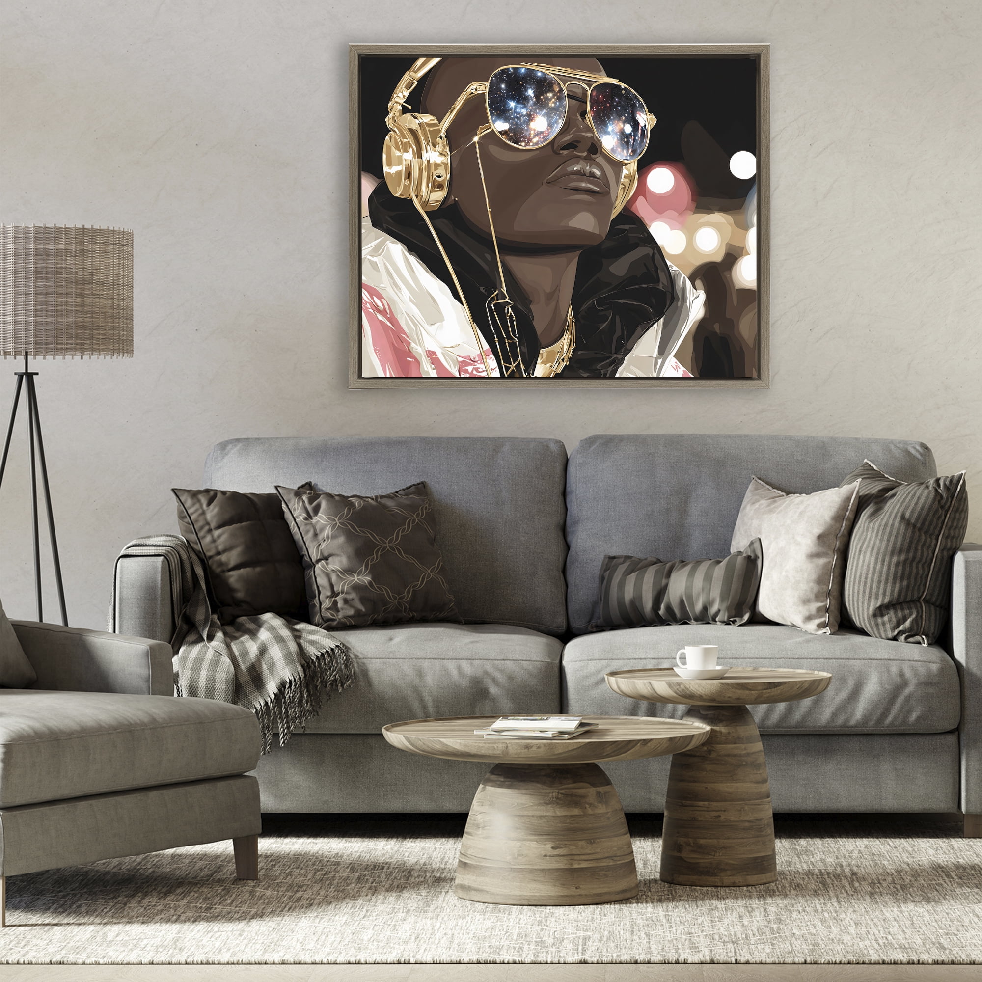 Stupell Industries Starry Eyed Shades with Headphones Brown Framed Floater Canvas Wall Art, design by Franklyn Gregory