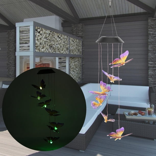 ZPSHYD Carillón de Viento de Mariposa Solar de Color, lámpara Colgante de carillón de Viento de Mariposa Solar LED para decoración de Festival de jardín al Aire Libre(Pintura Morada y Amarilla)
