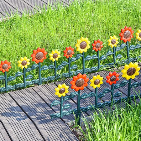 Sungmor Sunflower Design Garden Picket Fence, Flower Bed/Lawn/Drive Way Decor Border, Outdoor Landscape Fence, Total Length 98 Inch & Lightweight Plastic Fence