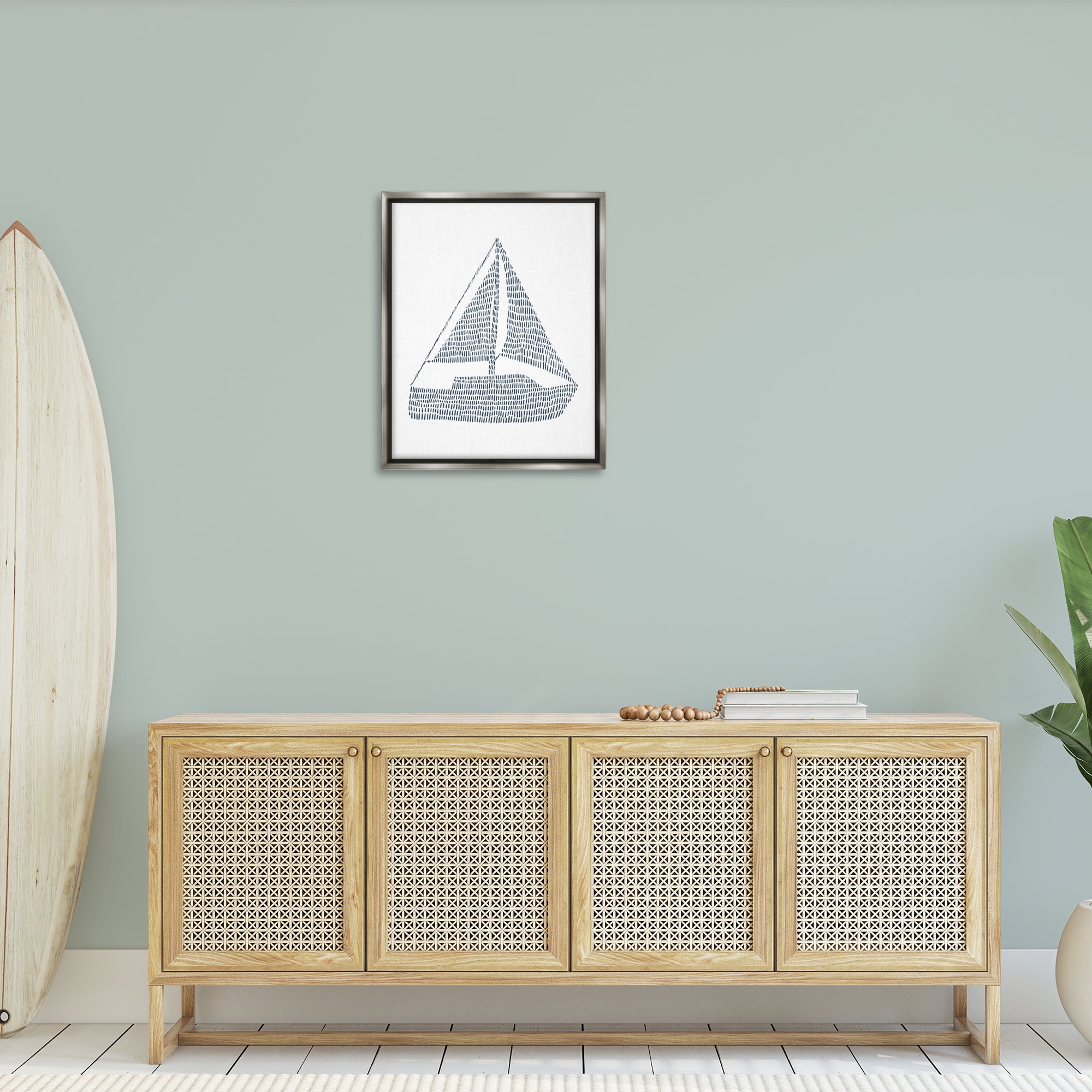 Stupell Industries Minimal Boat on White Coastal Painting Gray Floater Framed Canvas Art Print Wall Art, 25 x 31