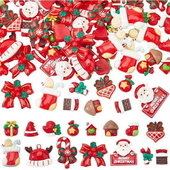 90Pcs 15 Styles Christmas Resin Cabochon Flat Back Charms Bulk Opaque Cute Cabochons Colorful Flatback Santa Claus Gloves Charm Phone Case DIY Crafts Mixed Color 1set
