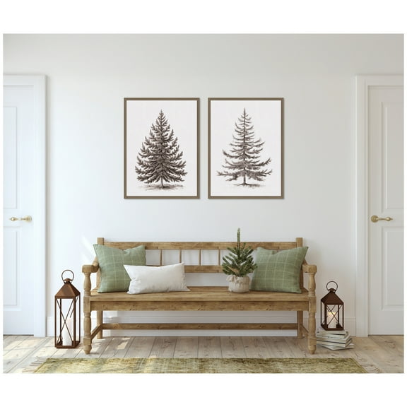 Kate and Laurel Vintage Evergreen Fir Tree - 2 Piece Framed Canvas Wall Art Set by The Creative Bunch Studio, Sylvie Dark Gold Vintage, Landscape Art for Wall Decor