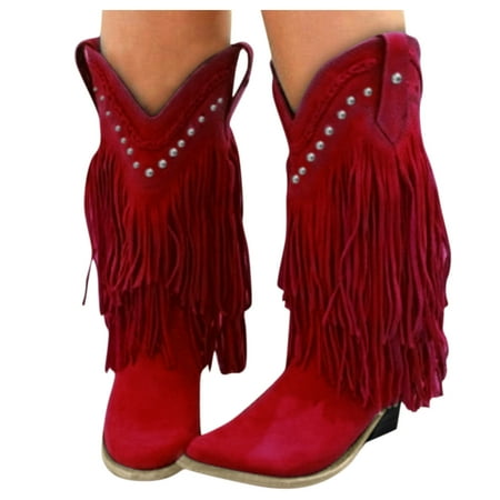 

NECHOLOGY Tall Boots for Women Wide Calf Tassel Casual Fringe Chunky Retro Mid-Calf For Tall Womens Boots Wide Calf Red 7.5
