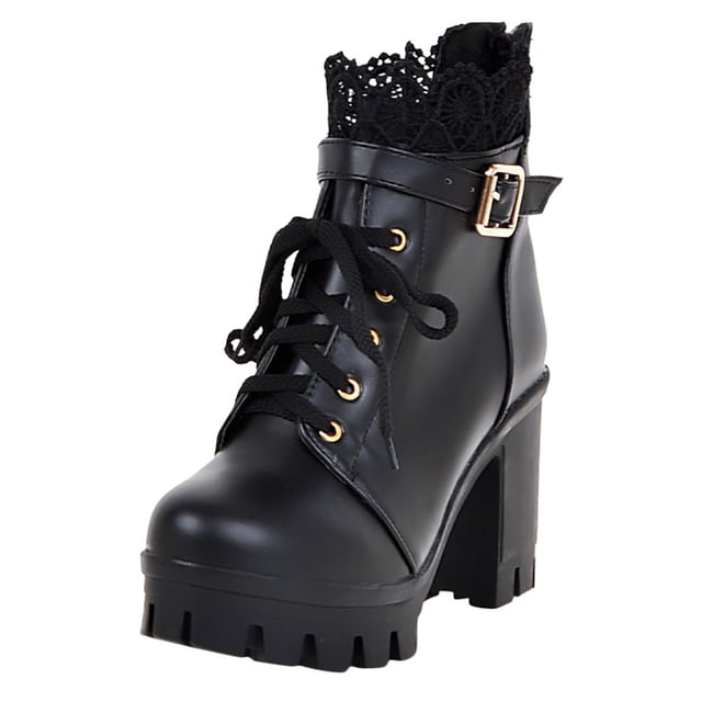 Kcodviy Bottes Confortables à Lacets pour Femmes, Bottes à Talon pour Étudiantes, Bottes à Plateforme Épaisse pour Femmes, Chaussures en Cuir Sans Talon, Bottes à Lacets Hautes pour Femmes, Bottes à Talon pour Femmes