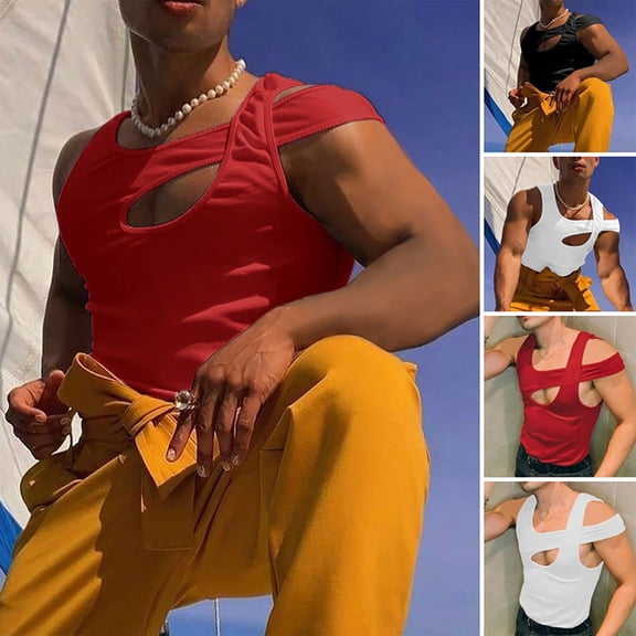 FRSASU Men's Solid Cut Out Asymmetrical Neck Tank Tops Streetwear Sleeveless Training Fitness Tee White